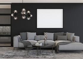 Empty horizontal picture frame on black wall in modern living room. Mock up interior in contemporary, loft style. Free, copy space for your picture, poster. Sofa, carpet, lamp. 3D rendering. photo
