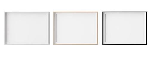 Set of horizontal picture frames isolated on white background. White, wooden and black frames with white paper border inside. Template, mockup for your picture or poster. 3d rendering. photo