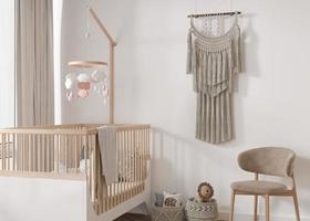 Handmade macrame hanging on the wall in baby room. Wall decor in Boho style, made of cotton threads in natural color using the macrame technique. Beautiful macrame wall panel, cozy room. 3D rendering. photo