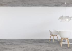 Room with concrete floor, white wall and empty space. Table with chairs. Mock up interior. Free, copy space for your furniture, picture, decoration and other objects. 3D rendering. photo