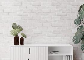 Empty, white brick wall. Mock up interior in contemporary style. Close up view. Free, copy space for your picture, text, or another design. Sideboard, monstera plants. 3D rendering. photo