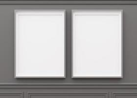 Two blank vertical picture frames hanging on gray wall. Template, mock up for artwork, picture or poster. Empty, copy space. Close up view. Simple, minimalist mockup. 3D rendering. photo