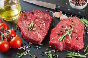 Fresh raw beef steak with spice on black background