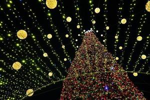 Christmas tree glows on the square in the city. Evening, night illumination photo