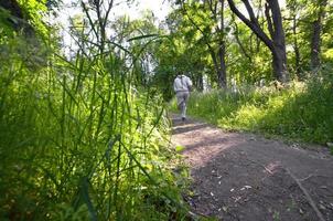 A young guy in a gray sports suit runs along the path among the photo