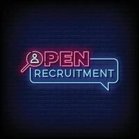 Neon Sign open recruitment with brick wall background vector