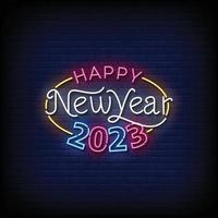 Neon Sign happy new year 2023 with brick wall background vector