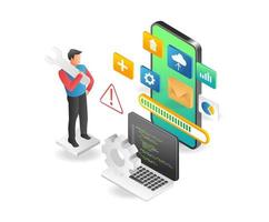 Isometric flat illustration of man concept handling many smartphone applications vector