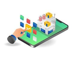 Concept isometric illustration of smartphone controlling factory vector