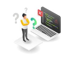 flat isometric concept illustration of programmer confused with his work problem vector