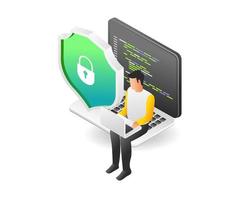 Programming language security illustration flat isometric concept vector