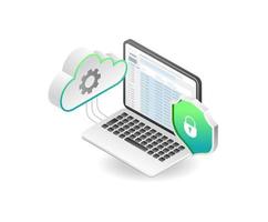 concepto isométrico plano de la ilustración de seguridad de datos del servidor en la nube vector