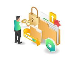 Flat isometric illustration concept of man locking folder for security vector