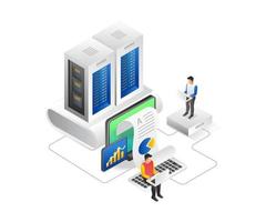 Flat isometric illustration concept of team analyzing server vector