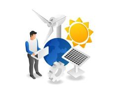 Flat isometric illustration concept of installing solar panels with computer program vector