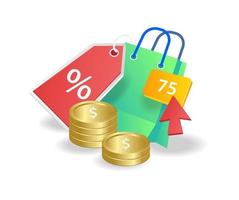 Flat 3d isometric illustration concept of cashback discount when shopping online vector