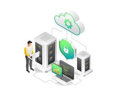 Flat isometric illustration concept of maintaining cloud server analysis data