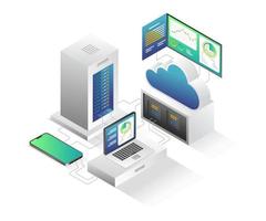 Flat isometric illustration cloud server analysis computer vector