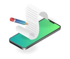 Flat isometric illustration of writing paper on smartphone vector