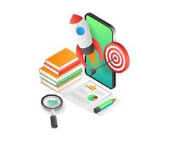 Flat 3d isometric illustration concept of educational online technology target vector