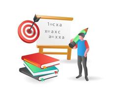 Flat concept 3d isometric illustration of male student completing work on blackboard vector