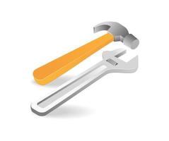 Isometric flat 3d concept illustration of a pair of hammer and wrench vector