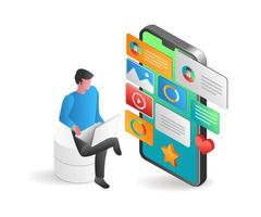 Isometric flat 3d concept illustration of man interacting multiple apps with smartphone vector