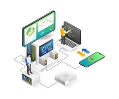 Flat isometric illustration concept of developer team building computer and smartphone application vector