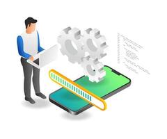 Flat isometric illustration concept of man maintaining update application vector