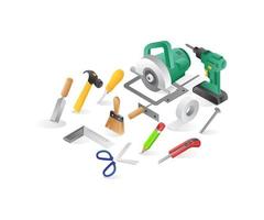 Flat isometric illustration concept of a set of electric manual builder tools vector