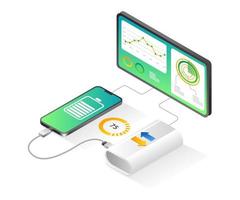 Flat isometric illustration smartphone charge battery data analysis vector