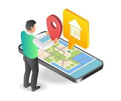 Concept isometric illustration of a man signaling a location map app vector