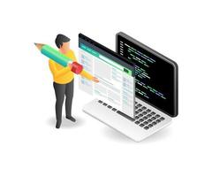 Flat isometric illustration concept of man creating webblog page in programming language vector