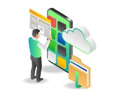 Concept isometric illustration of a man designing a smartphone app vector