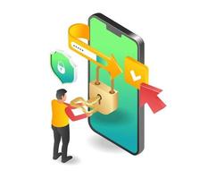 Flat isometric illustration concept of man unlocking smartphone account vector