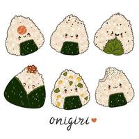 Set of kawaii onigiri isolated on white background. Vector graphics.