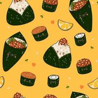 Seamless pattern with sushi and onigiri with red caviar. Vector graphics.