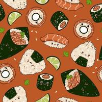 Seamless pattern with salmon sushi and onigiri. Vector graphics.