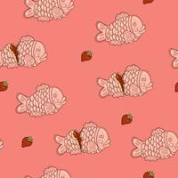 Seamless pattern with pink taiyaki fish and strawberries. Vector graphics.