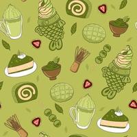 Seamless pattern with green matcha powder, food, drinks and leaves.Vector graphics. vector