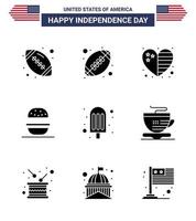 USA Happy Independence DayPictogram Set of 9 Simple Solid Glyphs of coffee tea burger ice cream cream Editable USA Day Vector Design Elements