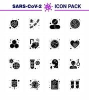 CORONAVIRUS 16 Solid Glyph Black Icon set on the theme of Corona epidemic contains icons such as chemistry germs blood bacteria pill viral coronavirus 2019nov disease Vector Design Elements