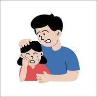 Father soothes crying daughter. Cute cartoon characters isolated on white background. Colorful vector illustration in flat style.