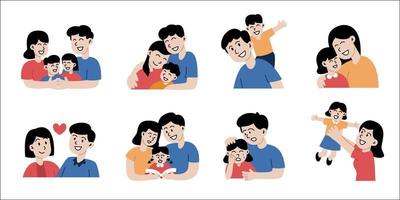 conjunto de familias felices con niños. madre, padre e hijos. lindos personajes de dibujos animados aislados sobre fondo blanco. ilustración vectorial colorida en estilo plano.