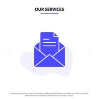 nuestros servicios correo de texto oficina lápiz icono de glifo sólido plantilla de tarjeta web vector