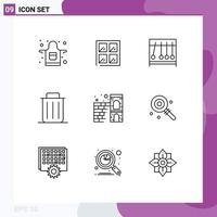 Group of 9 Outlines Signs and Symbols for firewall home medical trash recycle Editable Vector Design Elements