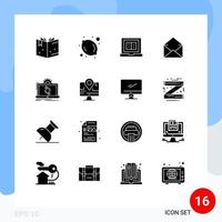 Pack of 16 Modern Solid Glyphs Signs and Symbols for Web Print Media such as reporting processing laptop data message Editable Vector Design Elements