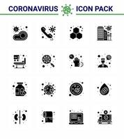 covid19 protección coronavirus pendamic 16 conjunto de iconos negros de glifo sólido, como ciudad de protección en la construcción de elementos de diseño de vector de enfermedad de coronavirus viral 2019nov de laboratorio