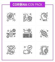 Corona virus disease 9 Line icon pack suck as keyboard warning brain travel plane viral coronavirus 2019nov disease Vector Design Elements