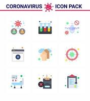 Conjunto de 9 colores planos de iconos epidémicos del virus de la corona, como servicios de avión de atención médica, elementos de diseño de vectores de enfermedades del coronavirus viral médico 2019nov